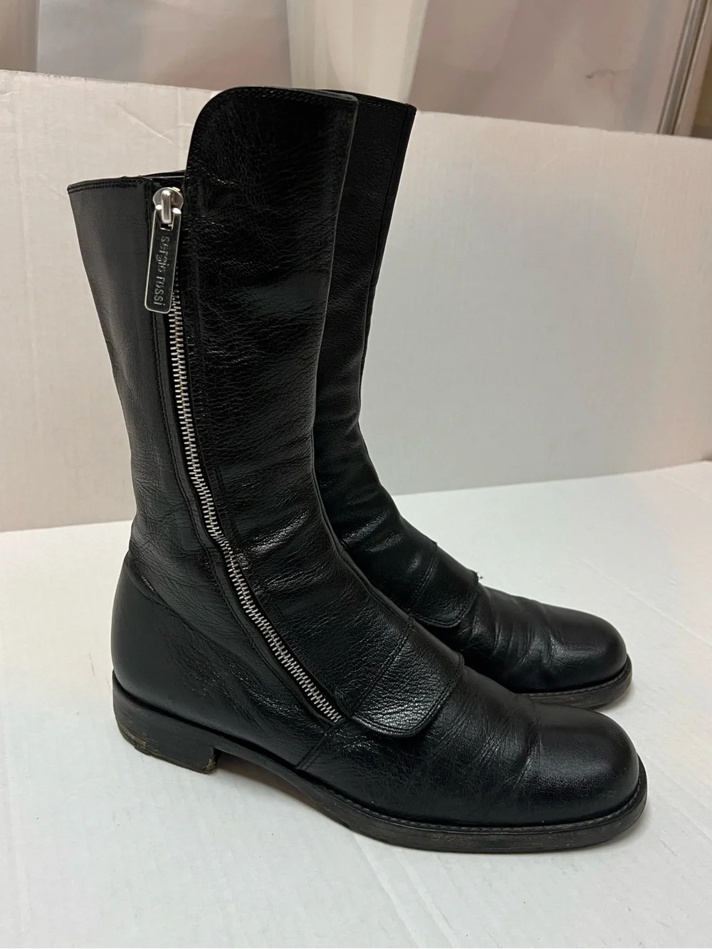 Sergio Rossi Women’s 37.5 (US 7.5) Black Leather Zip Moto Mid Calf Combat Boots - Picture 4 of 12